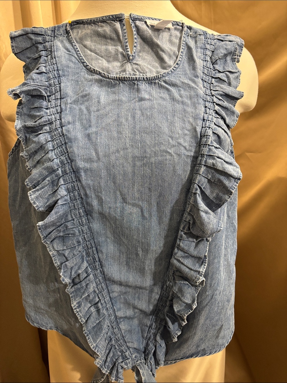 Tribal Jeans Light Blue Chambray Ruffle Tie-Hem Sleeveless Top